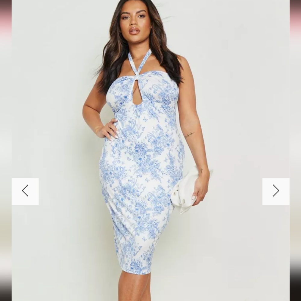 NWT Boohoo Plus strapless or halter slinky dress, size 24. Blue floral print.